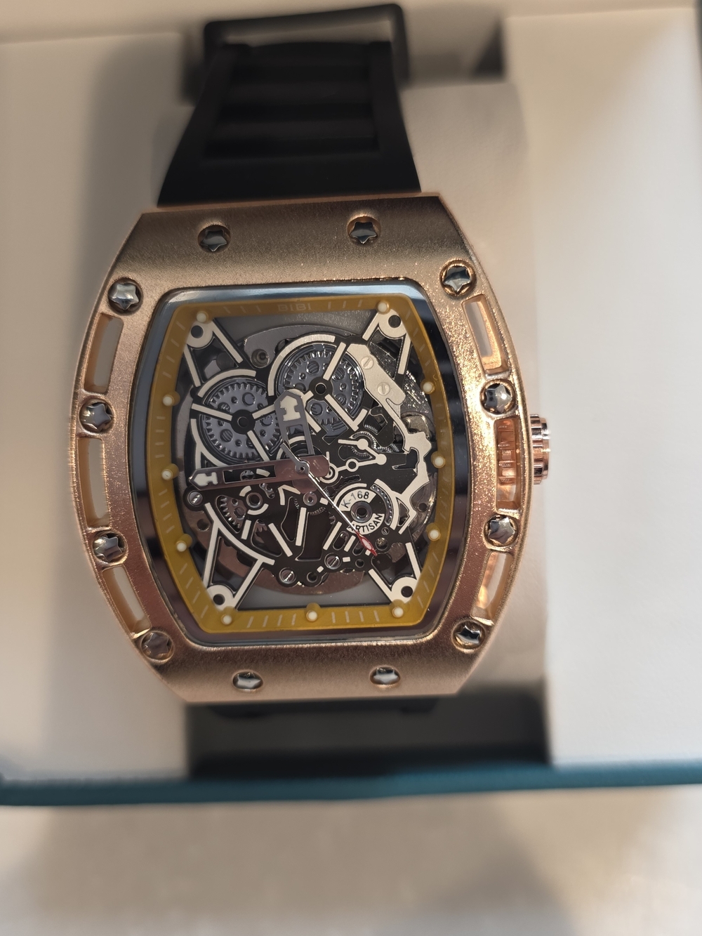 BiBi Rose Gold Skeleton Watch with Black Strap and Yellow Accent - Picture 3 of 6